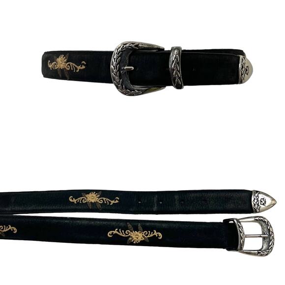 Abaco Paris Embroidered Leather Black Belt Western Boho Made in France 28/70 - Picture 1 of 10